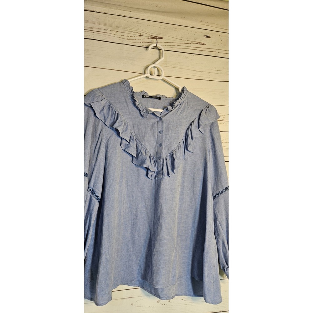 Zara Long Sleeve Ruffled 3/4 Vneck Button Blouse Top Blue Sz M - Picture 3 of 8